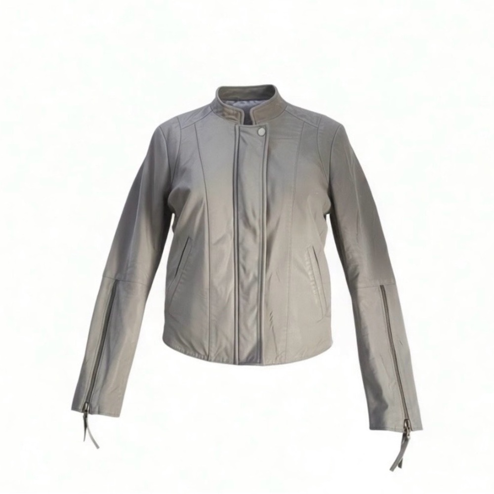 Free People Gray Leather Moto Jacket Size 6 Zip Front Pockets
